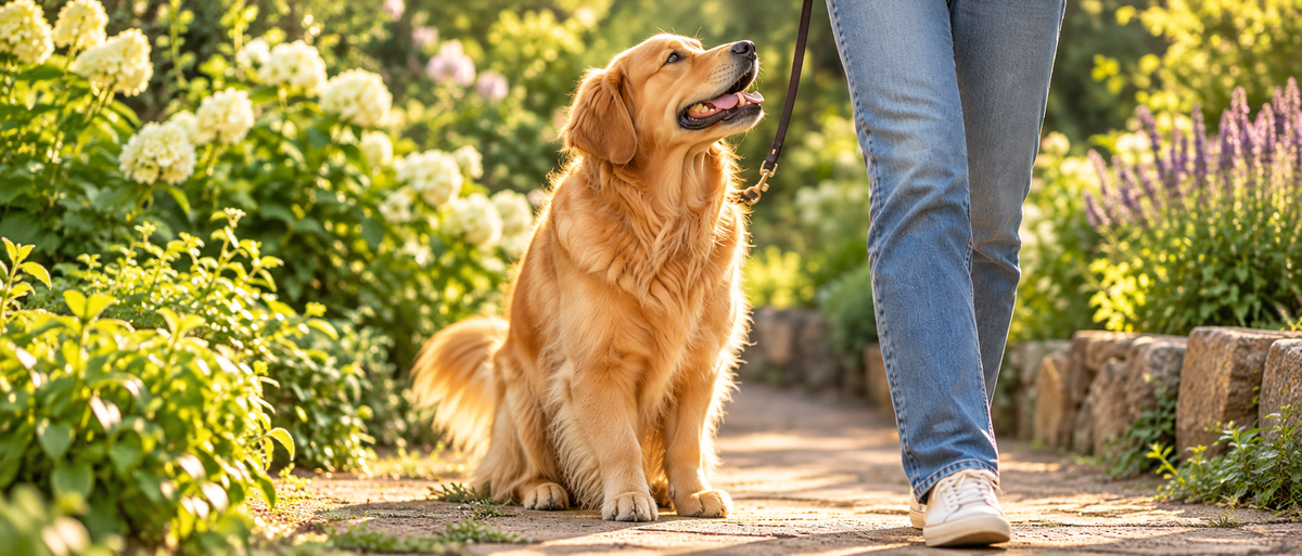 A golden retriever beside its owner