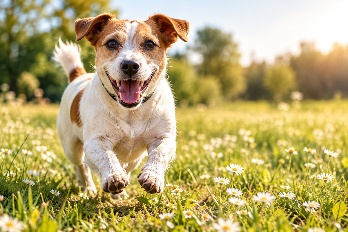 Happy dog running outdoors