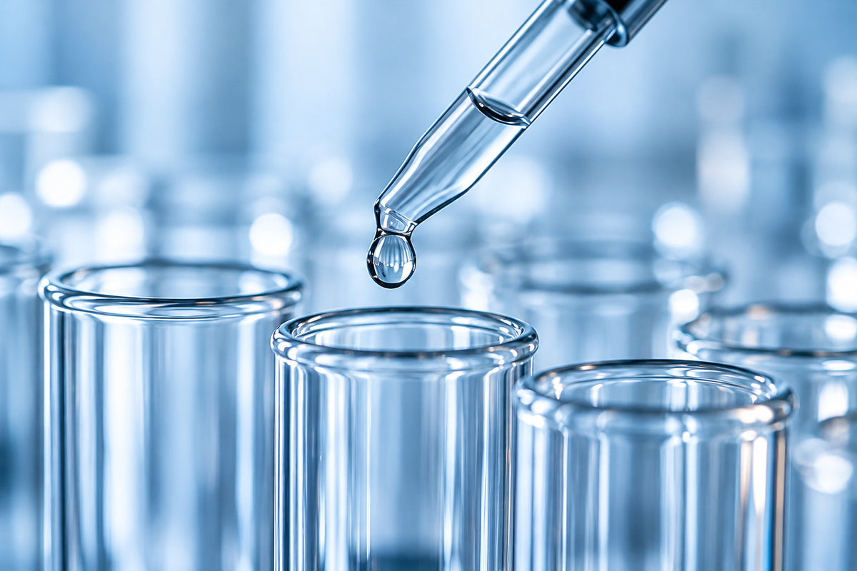 Laboratory pipette dispensing a drop above glass test tubes
