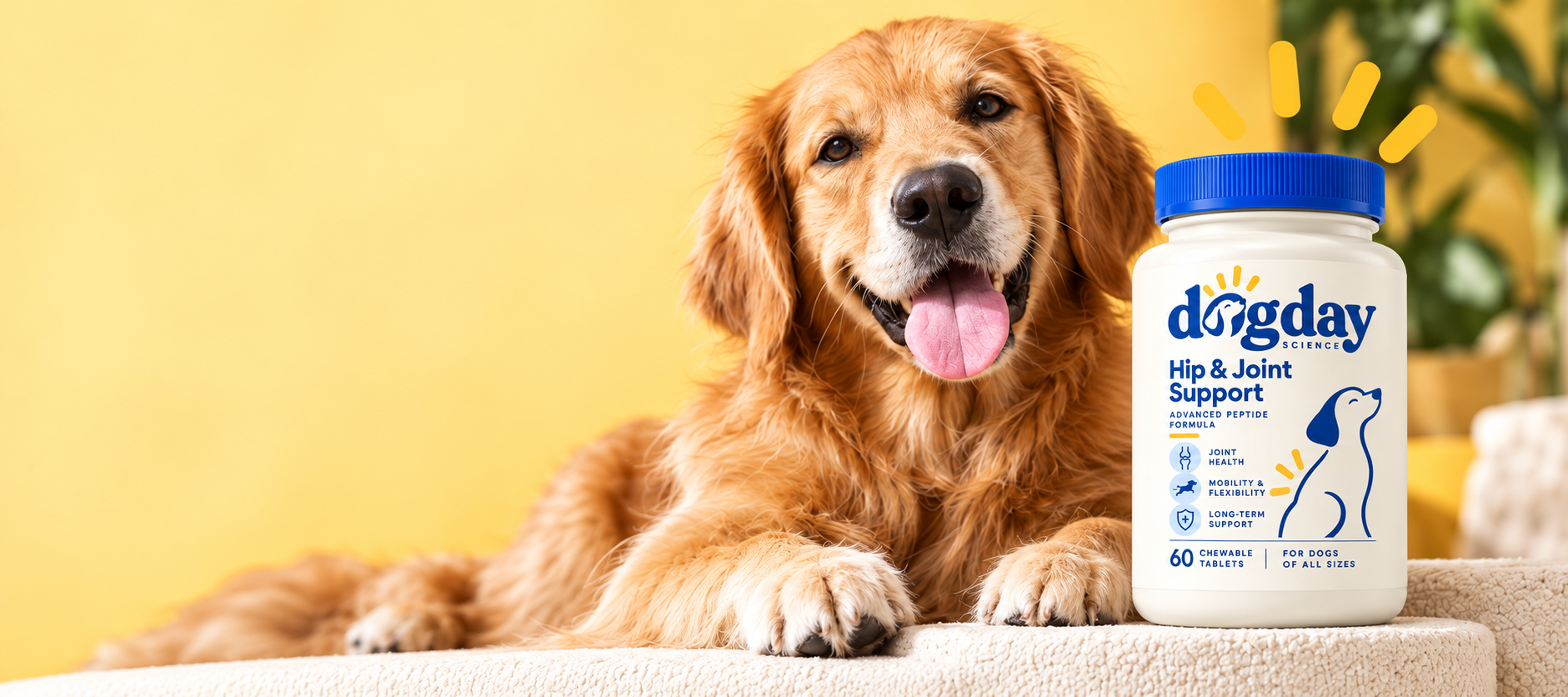 Golden retriever beside Dog Day Science Hip & Joint Support